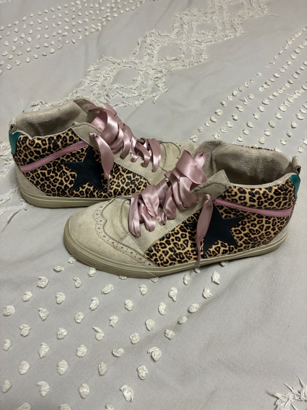 ShuShop Leopard-Print High-Top Sneakers with Pink Satin Laces